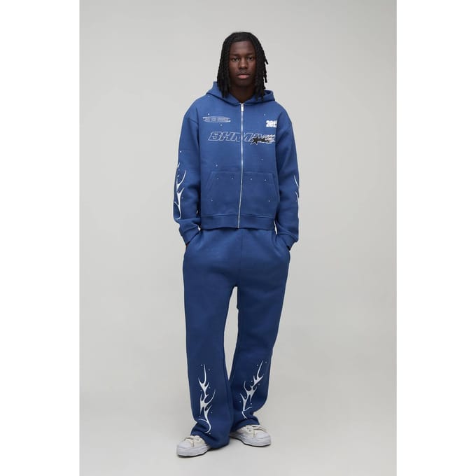 Oversized Boxy Trainingspak Met Strass Steentjes En Moto Ritssluiting | Cobalt | Size Large