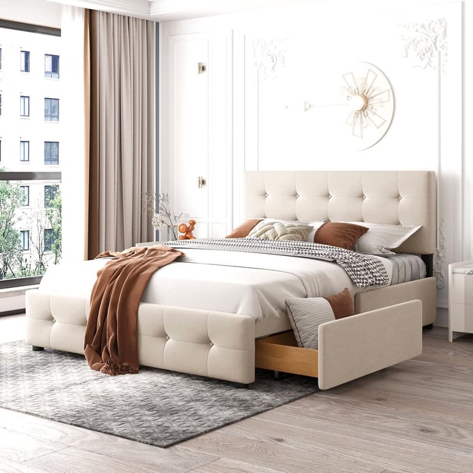 MODFU Gestoffeerd bed 140x200 cm – 4 laden – Hoog hoofdeinde – Fluweel beige – Met lattenbodem