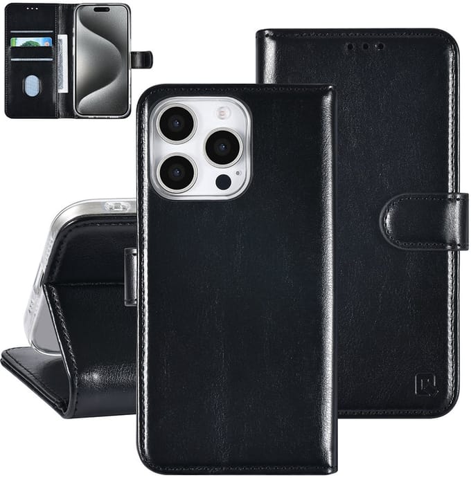 TUNIQ iPhone 16 Pro Book Case hoesje Pasjeshouder voor 3 pasjes - Hanger - Zwart