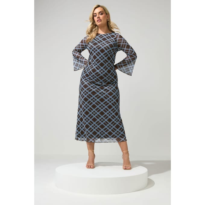 Yours London Chocoladebruin En Blauw Geruite Mesh Jurk Size 52