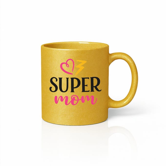 Super Mom Luxe Gouden Mok – Hart en Bliksem Metallic Afwerking – Premium Moederdag Cadeau