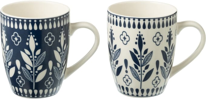 J-Line mok Bladeren - keramiek - blauw/wit - doos van 2