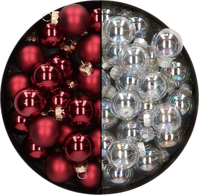 Mini kerstballen - 48x st - transparant parelmoer en donkerrood - 2,5 cm - glas