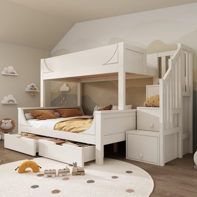 PHOEBE CAT Stapelbed - 90x200 & 140x200 cm - Kinderbed - 2 lades - Opbergruimte - Wit