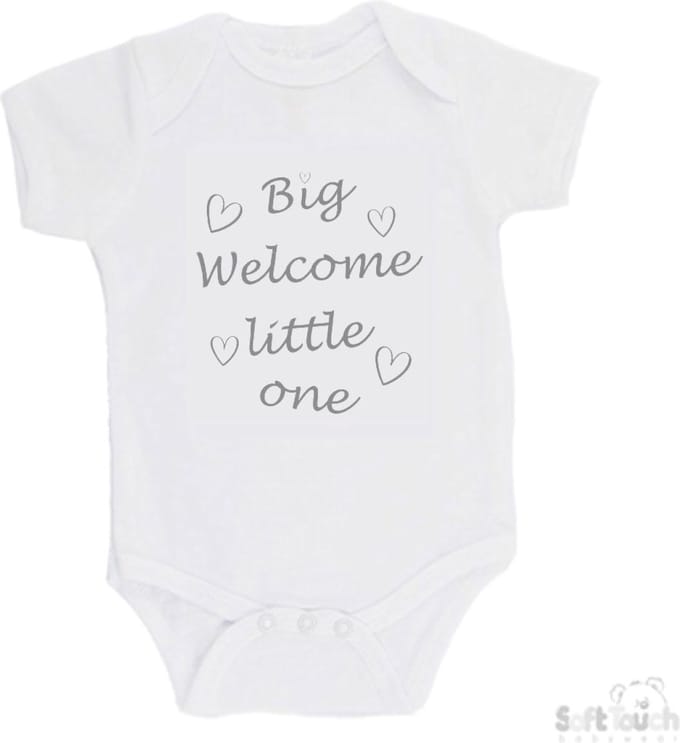 Soft Touch Romper "Big welcome little one" Unisex Katoen Wit/grijs Maat 62/68