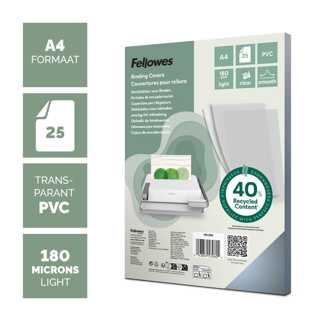 Fellowes Schutbladen A4 – 180 Micron – Transparant PVC Covers – 25 Stuks – Voor Inbindmachine