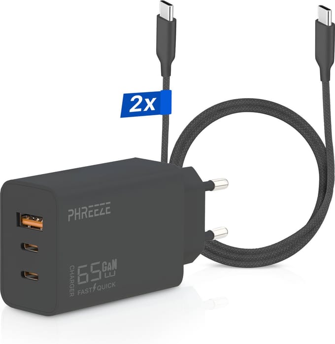 65w usb C Adapter met 3 Poorten + 2 Meter usb-C Kabels - Snellader voor Laptop, Smartphone en Tablet - Universele usb-C Oplader