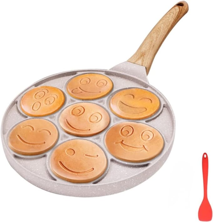DYNA®Smiley Face Pannenkoekenpan - Antiaanbaklaag - 7 Gaten - Mini Pannenkoekmaker - Wit - 45cm x 26cm x 2cm
