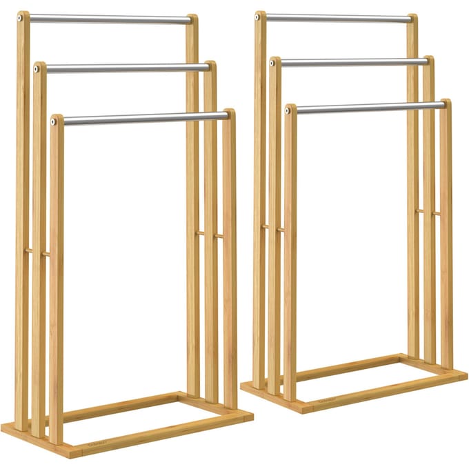2x handdoekhouder bamboe 3 RVS stangen trapvormige handdoekhouder  badkamer