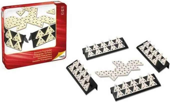 Cayro Domino Triangulair Metalen Doos - Origineel Dominospel met 56 Driehoekige Fiches - Speel in Drie Richtingen - Inclusief 4 Legplanken - 2-4 Spelers - Speelduur 30 Minuten - Vanaf 8 Jaar - Cayro Collection
