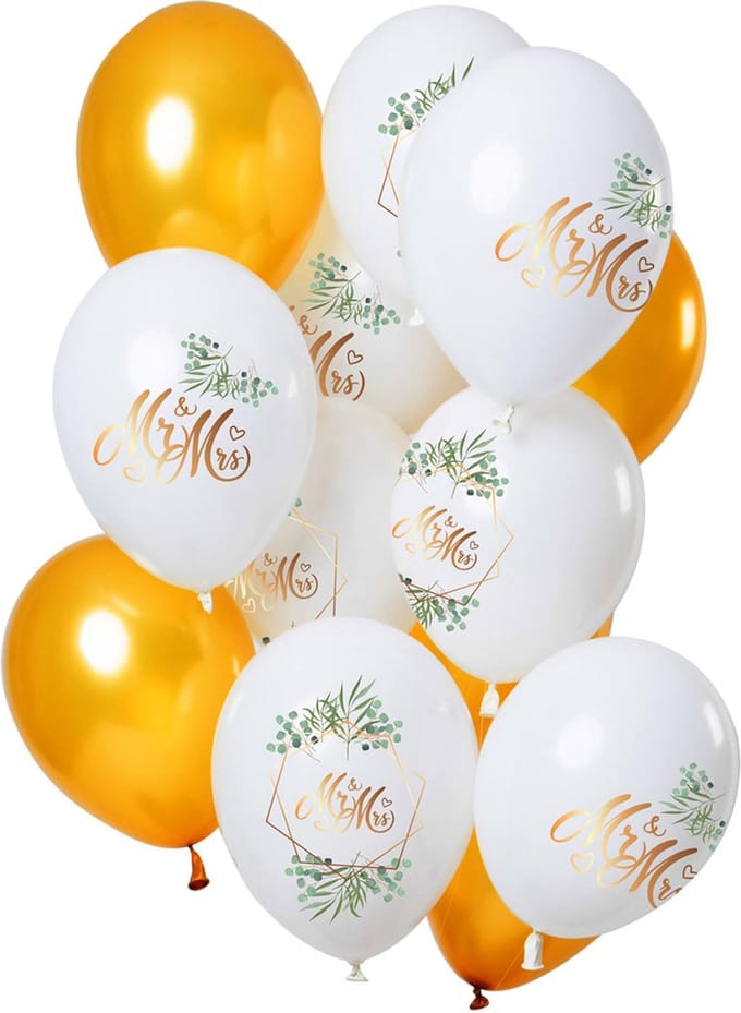 Folat - Ballonnen Goud Wit Mr and Mrs 30 cm - 12 stuks