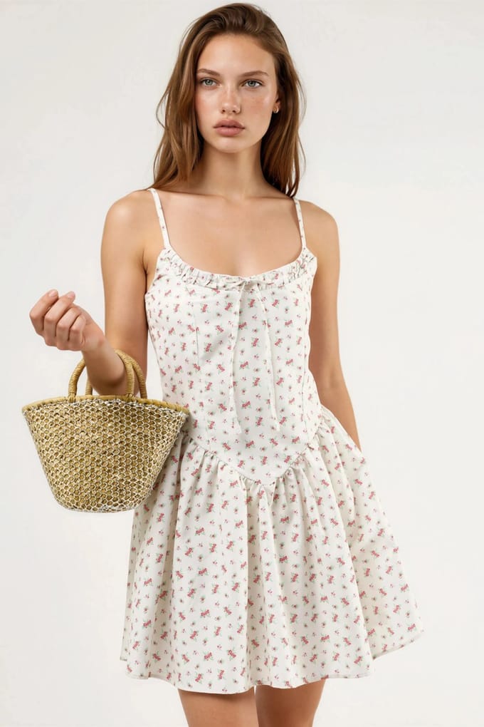 Bloemen U Hals Mini Jurk met Strik Detail