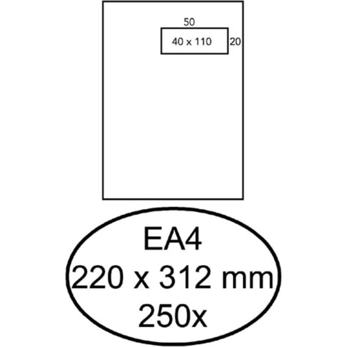Envelop Hermes akte EA4 220x312mm venster rechts 4x11cm zelfklevend wit doos à 250 stuks