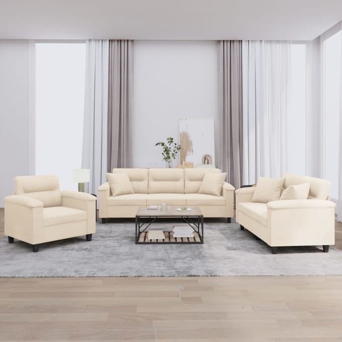 vidaXL - 3-delige - Loungeset - met - kussens - microvezelstof - beige