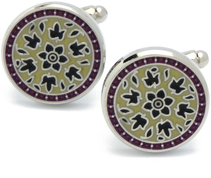 Manchetknopen - Rond met Groen en Beige Bloem Patroon