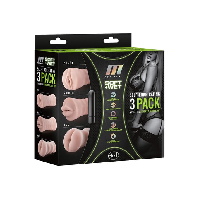 M for Men - Set Van 3 Masturbators Met Bullet Vibrator: Vagina, Anus, Mond