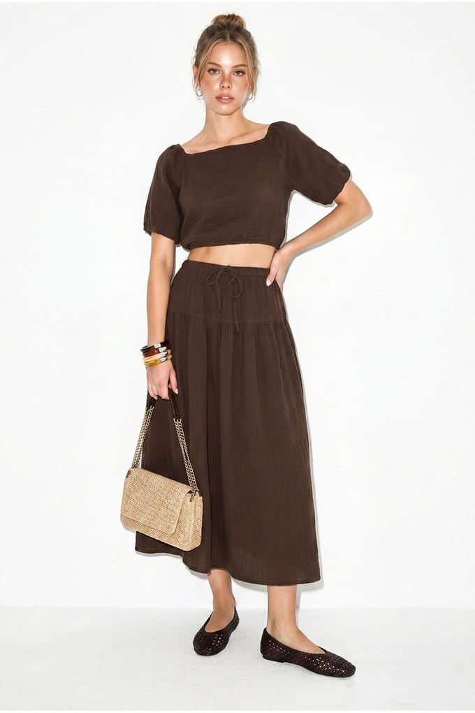Katoenen Seersucker Blouse en Midi Rok Set