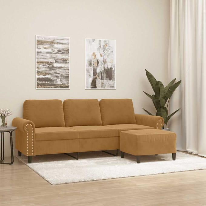 vidaXL - Driezitsbank - met - voetenbank - 180 - cm - fluweel - bruin