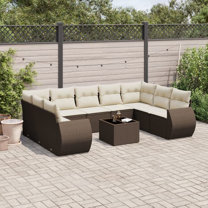 vidaXL - 10-delige - Loungeset - met - kussens - poly - rattan - bruin