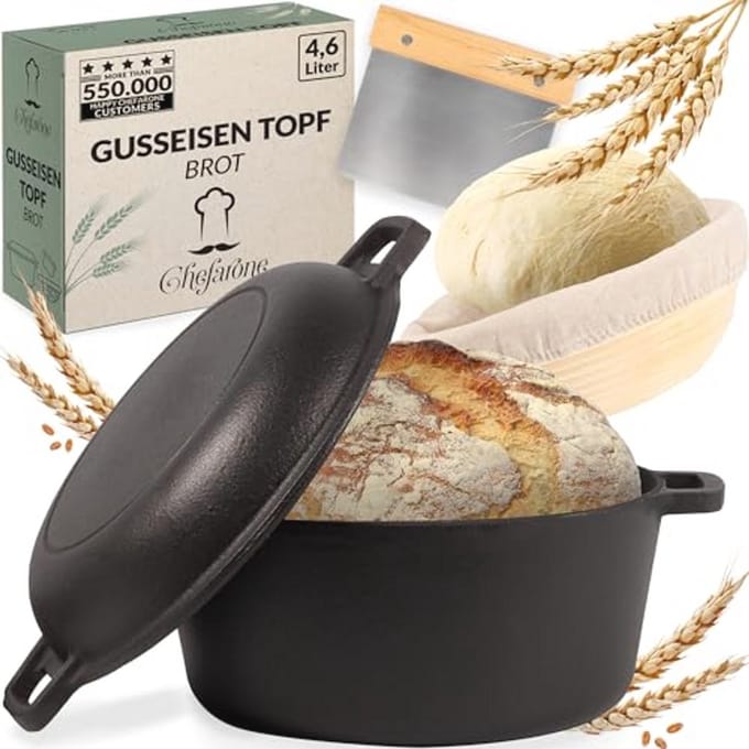 Gietijzeren Pan 26 cm - 2-in-1 Casserole met Deksel en Brood Bakpan