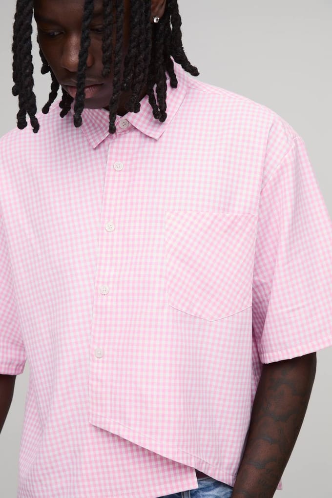 Oversized Boxy Asymmetrisch Geruit Overhemd | Pink | Size Medium