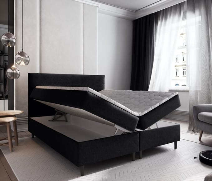Boxspring met Opbergruimte Milou - 180x200 cm - Bonellvering - Stof Zwart - 2-Persoons