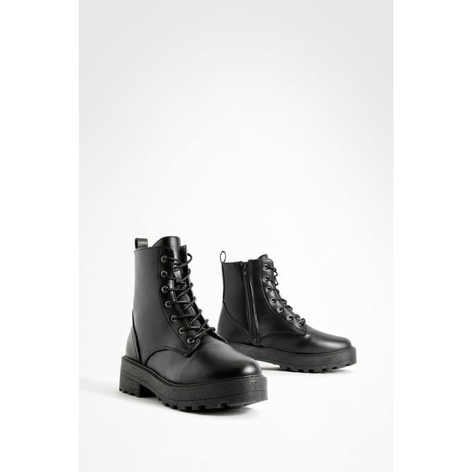 boohoo Dames Vetersluiting Chunky Hikerlaarzen | Zwart | Maat: 37