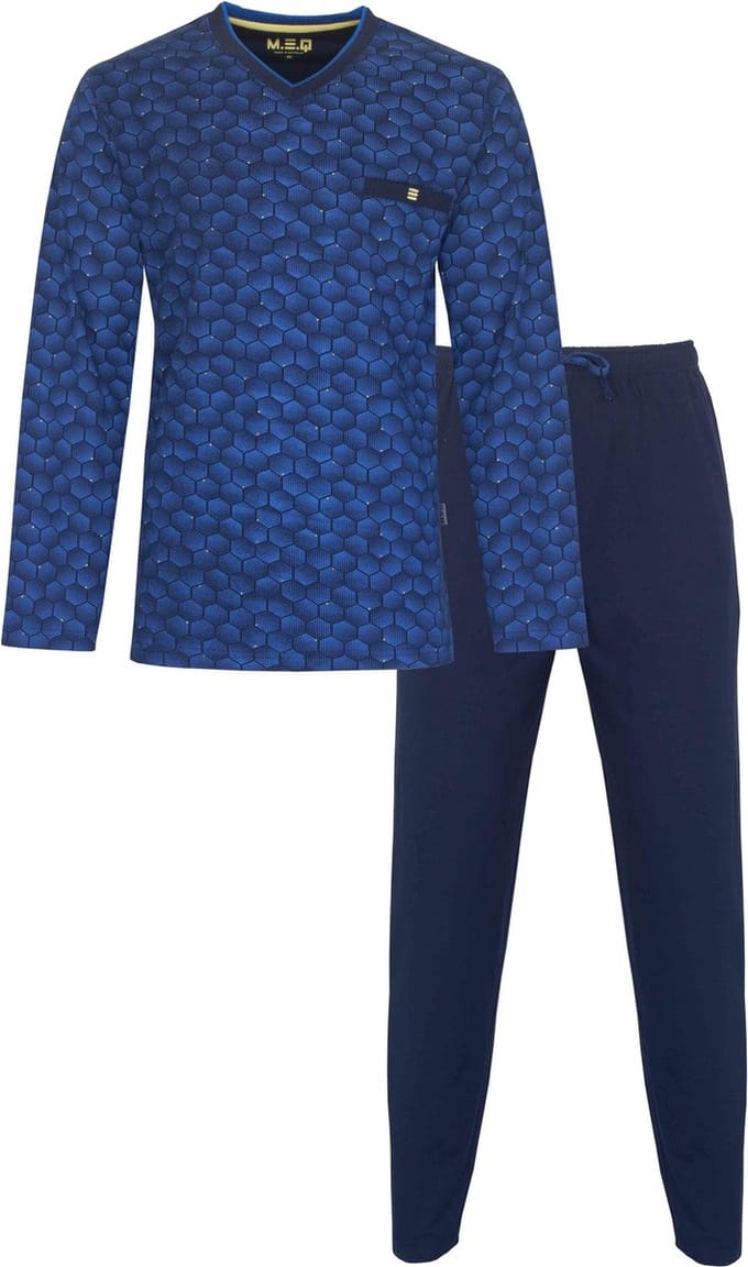 MEQ Heren Pyjama - 100% Gekamde Katoen - V Hals - Blauw - Maat M