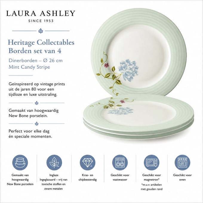 Laura Ashley Heritage Collectables Borden set van 4 - Dinerborden - Ø 26cm - Mint Candy Stripe