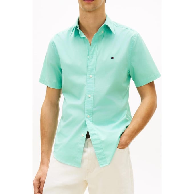 Tommy Hilfiger Flex Poplin Solid S/s Shirt Arctic Aqua Maat: XXL | Casual Overhemden Outlet | Heren | Groen