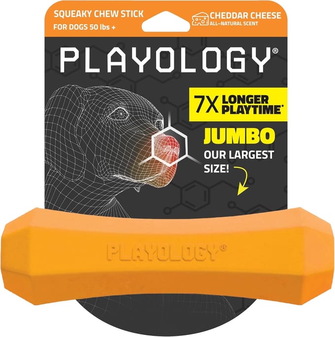 Piepende kauwstick - Honden kauwspeelgoed - Honden vermaak - Cheddar kaasgeur - Medium formaat - Oranje