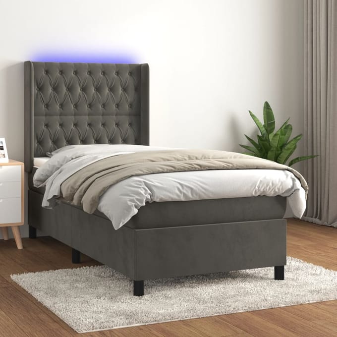vidaXL - Boxspring - met - matras - en - LED - fluweel - donkergrijs - 90x200 - cm
