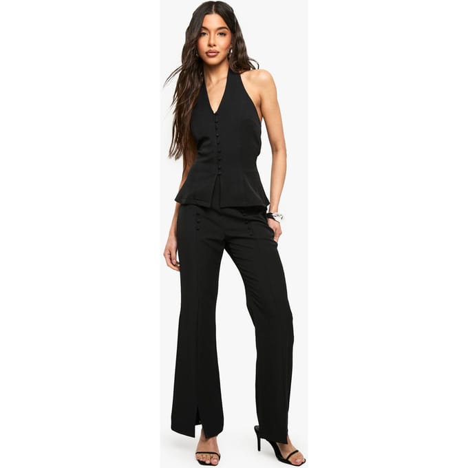 boohoo Dames Button Detail Slim Flare Trouser | Zwart | Maat: 34