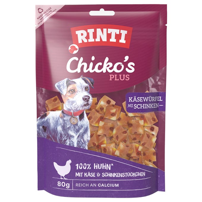 Rinti - Chicko Plus Snack 12x80g - Kaas-hamblokjes met kip