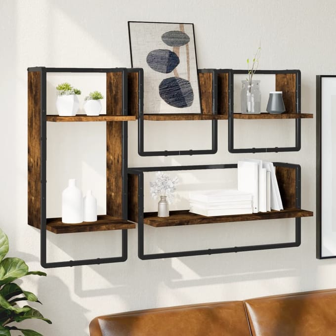 vidaXL - 4-delige - Wandschappenset - met - stangen - bewerkt - hout - gerookt - eiken