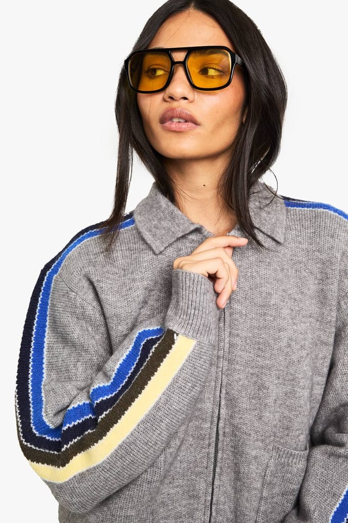 boohoo Dames Gebreide Cardigan met ritssluiting en gestreepte mouwen | Grijs | Maat: Small