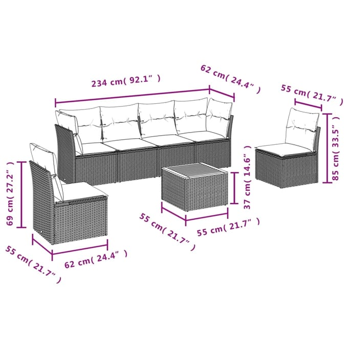 vidaXL - 7-delige - Loungeset - met - kussens - poly - rattan - grijs