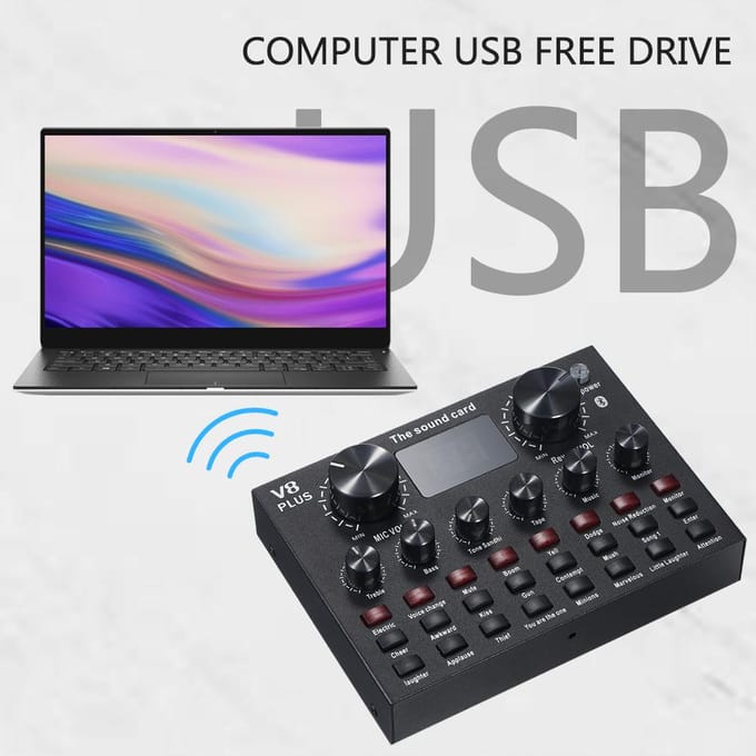V8 Plus Live-geluidskaart met audiokabel USB-kabel BT-begeleidingsgeluidseffecten Universeel voor zwart