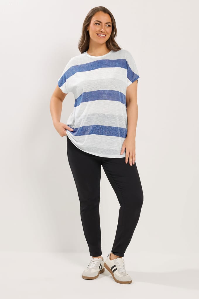Yours Witte En Blauwe Top Met Strepen En Glittereffect Size 54-56