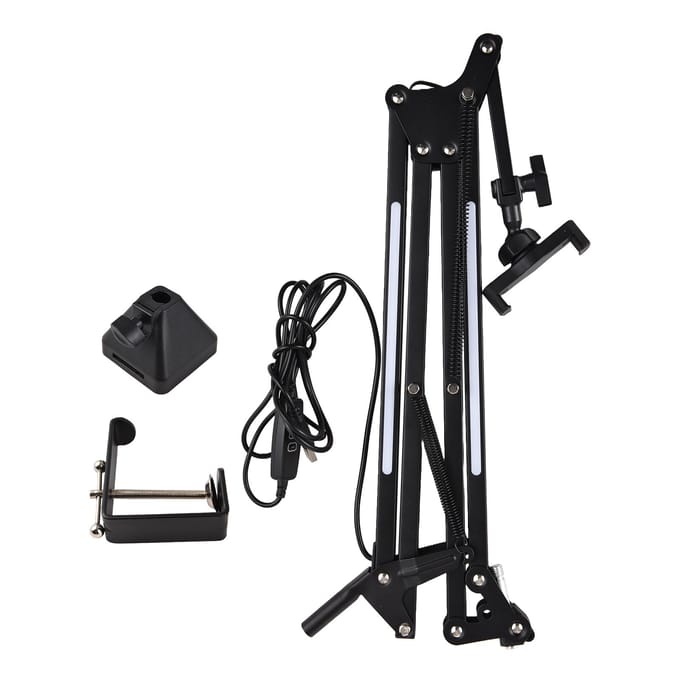 Support de microphone avec perche et support de téléphone, éclairage à 120 LED RVB, luminosité réglable noir