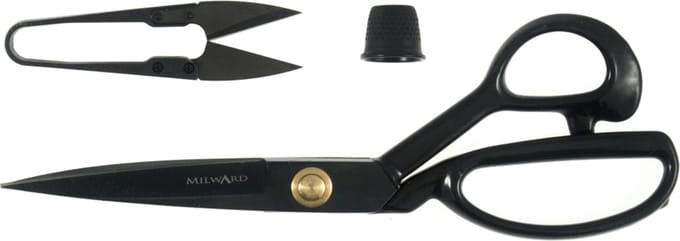 Scharen: Geschenkset: Kleermakersschaar (28cm), Draadschaar (10cm) en Vingerhoed: Zwart