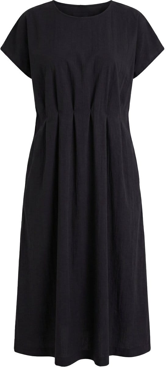 Ulla Popken - Dames - Maxi-jurk decoratieve plooitjes getailleerd ronde hals - Zwart - Maat 54+