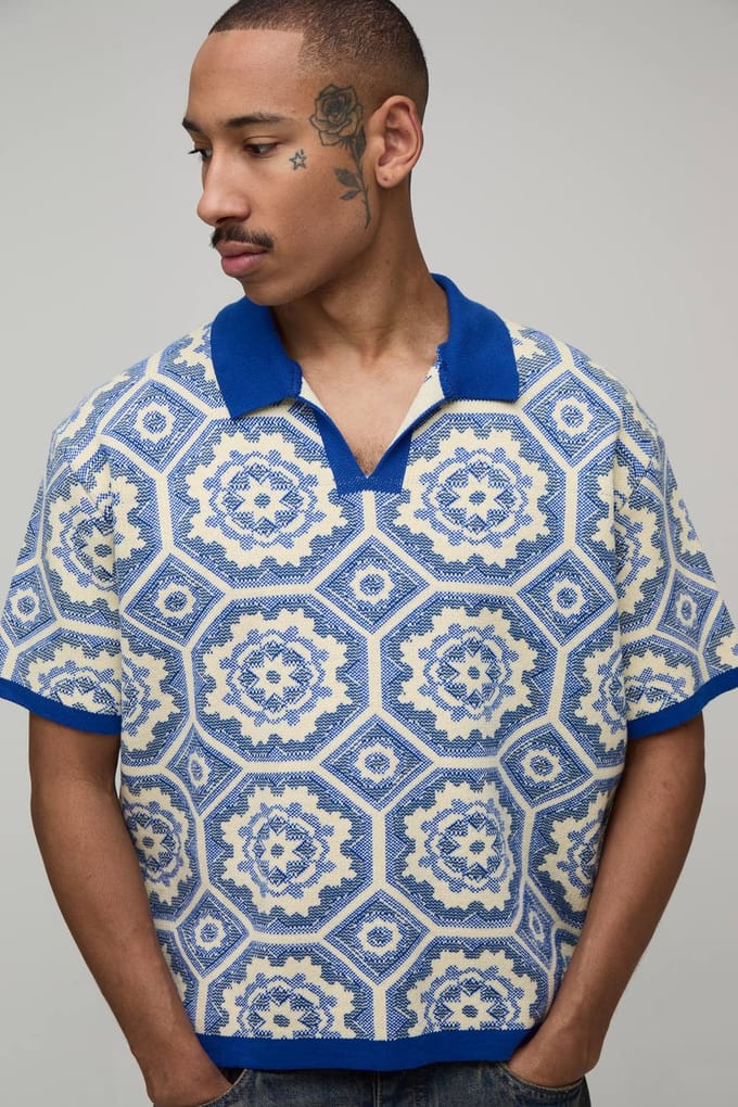 Oversized Boxy Crochet Cotton Blend Knitted Polo T-Shirt | Yellow | Size Medium