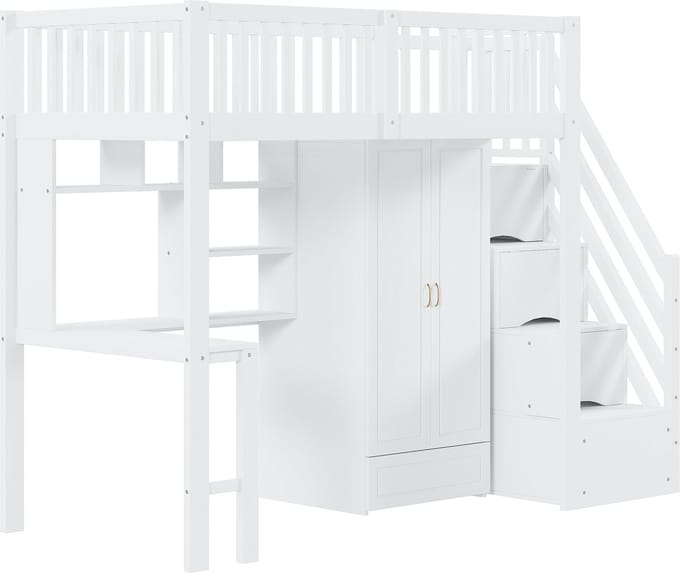 Stapelbed - 90 x 200 cm - Kledingkast Bureau Trap Met Lades Ruimtebesparend - Grenenhout MDF - Wit