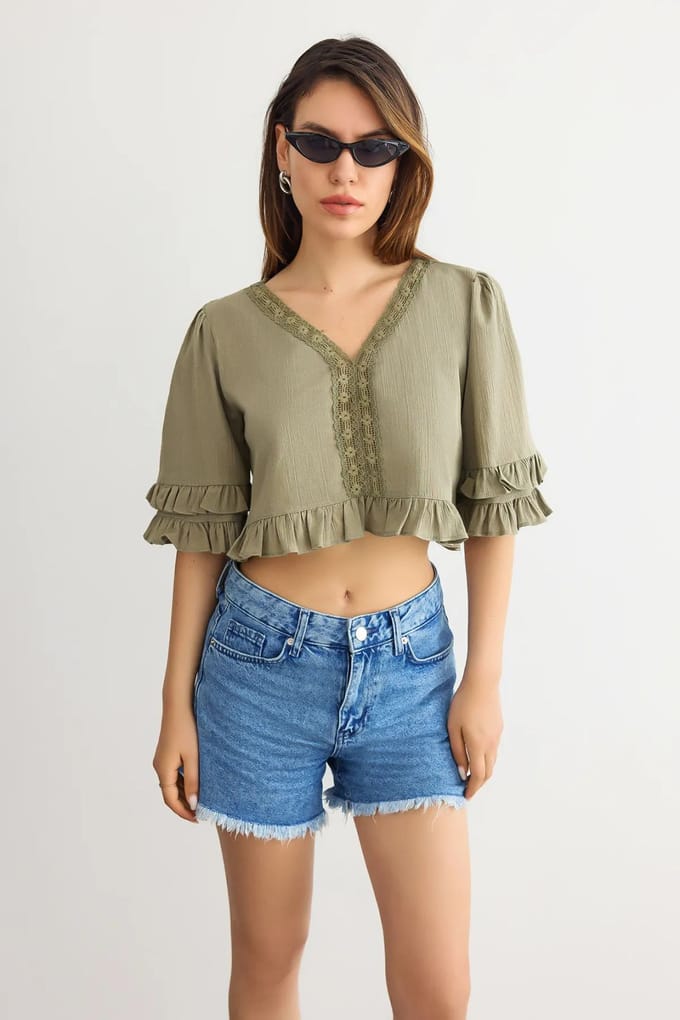 Gekruiste V-hals Rimpel Blouse