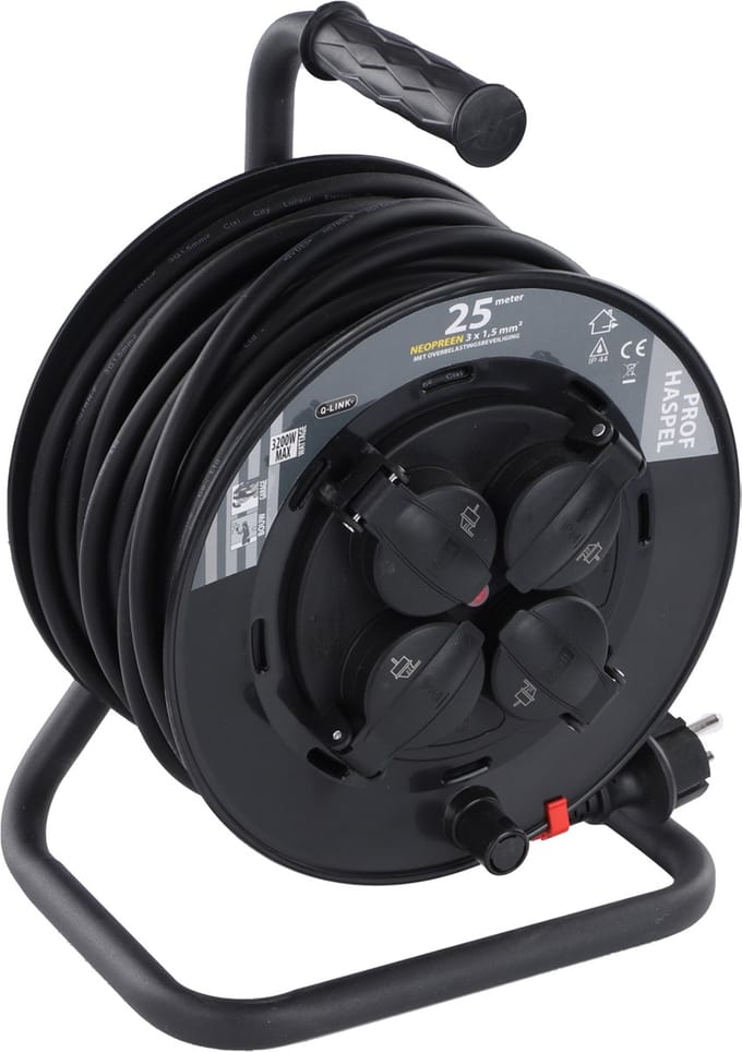 Q-Link kabelhaspel - prof - randaarde - spatwaterdicht (IP44) - VCD - 3 x 1.5 mm² - 25 m - zwart/geel