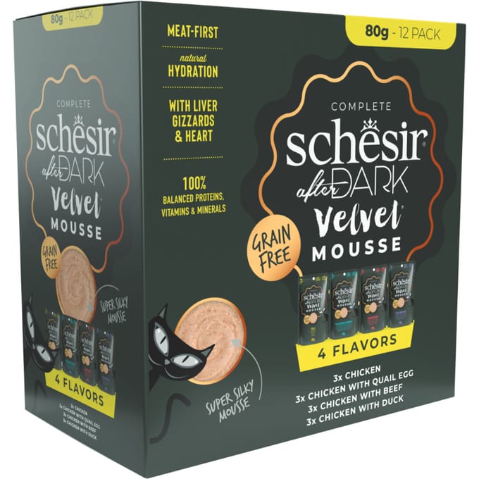 12x 80g Schesir After Dark Velvet Mousse mix pack (4 soorten) nat kattenvoer