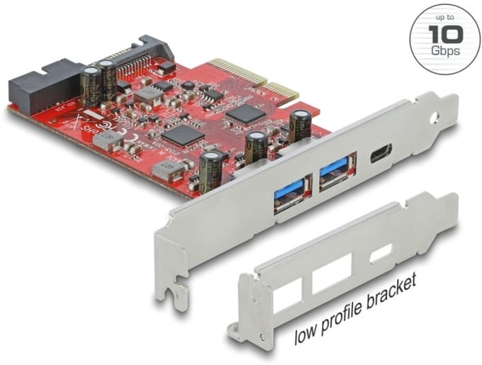 Delock PCI Express x4 Card to 1 x external USB Type-C™ female + 2 x external USB Type-A female SuperSpeed USB 10 Gbps + 1 x internal USB 5 Gbps Pin Header