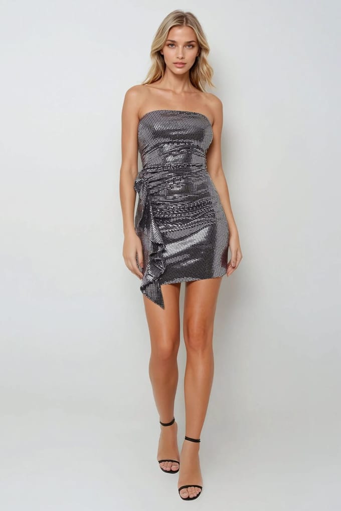 Strapless Pailletten Bodycon Mini-jurk met Drapé Detail