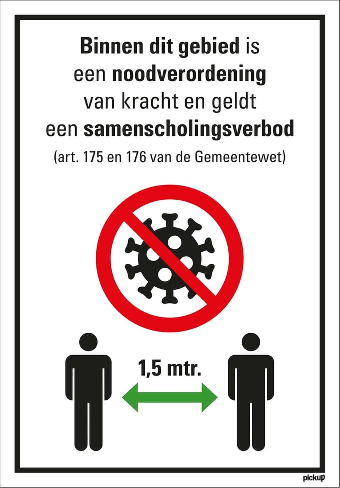 Bord noodverordening en samenscholingsverbod, 230 x 330 mm - kunststof